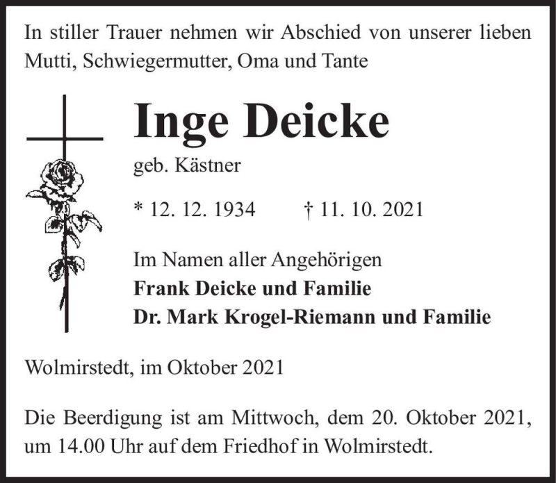  Traueranzeige für Inge Deicke (geb. Kästner)  vom 16.10.2021 aus Magdeburger Volksstimme
