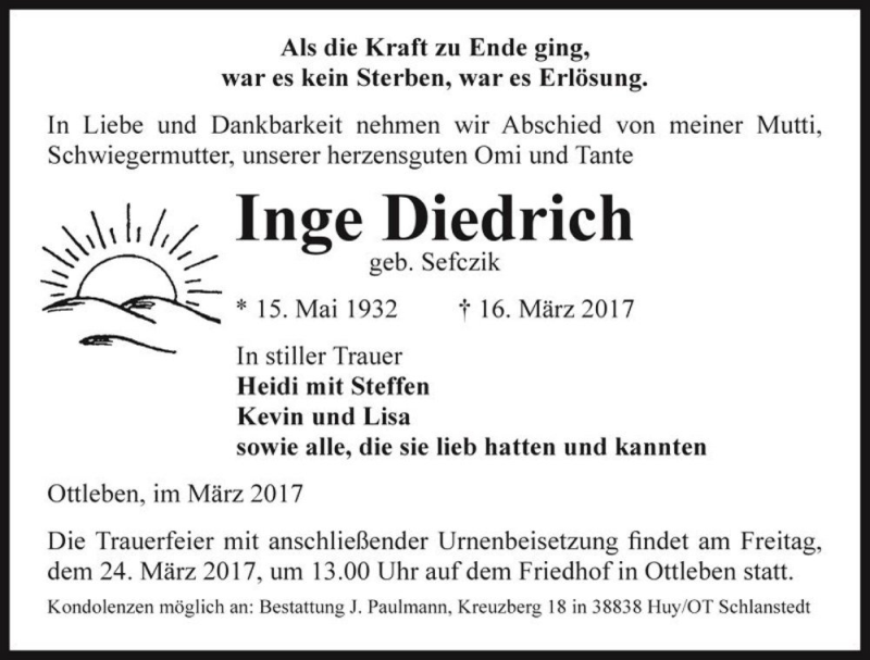  Traueranzeige für Inge Diedrich (geb. Sefczik)  vom 18.03.2017 aus Magdeburger Volksstimme