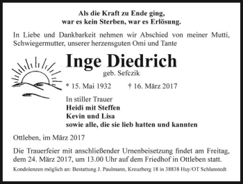 Traueranzeige von Inge Diedrich (geb. Sefczik)  von Magdeburger Volksstimme