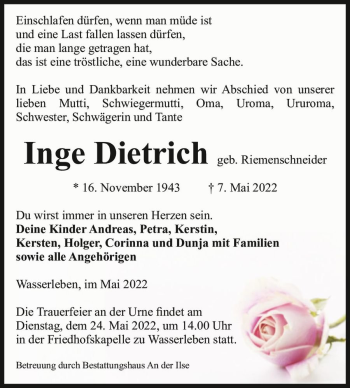 Traueranzeige von Inge Dietrich (geb. Riemenschneider)  von Magdeburger Volksstimme