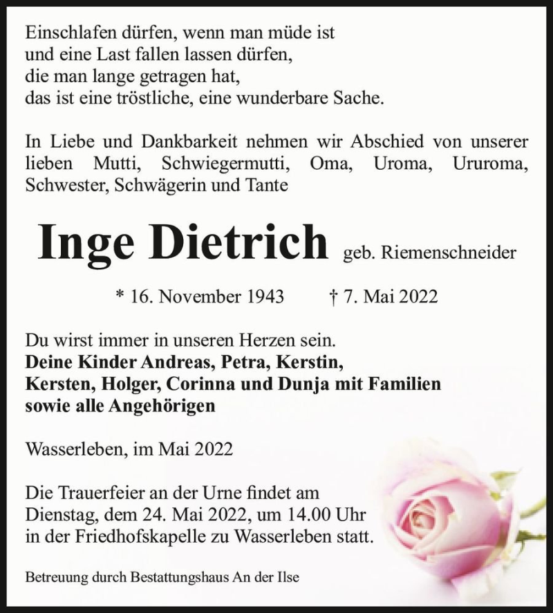  Traueranzeige für Inge Dietrich (geb. Riemenschneider)  vom 14.05.2022 aus Magdeburger Volksstimme