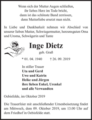 Traueranzeige von Inge Dietz (geb. Graß)  von Magdeburger Volksstimme