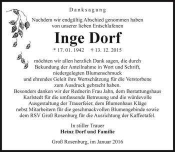 Traueranzeige von Inge Dorf  von Magdeburger Volksstimme