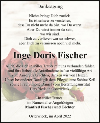 Traueranzeige von Inge Doris Fischer  von Magdeburger Volksstimme