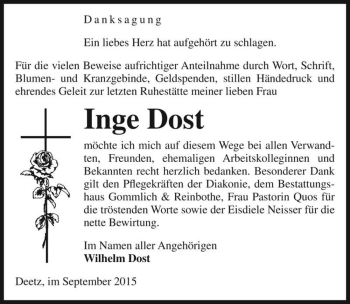 Traueranzeige von Inge Dost  von Magdeburger Volksstimme