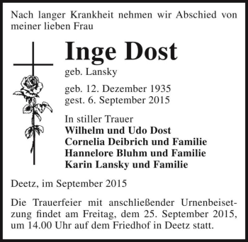 Traueranzeige von Inge Dost (geb. Lansky)  von Magdeburger Volksstimme