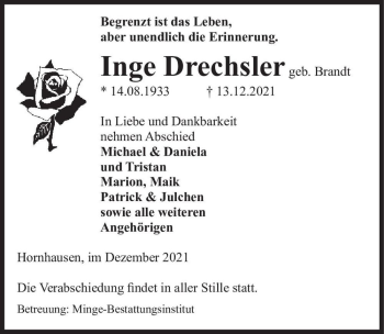 Traueranzeige von Inge Drechsler (geb. Brand)  von Magdeburger Volksstimme