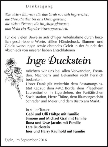 Traueranzeige von Inge Duckstein  von Magdeburger Volksstimme