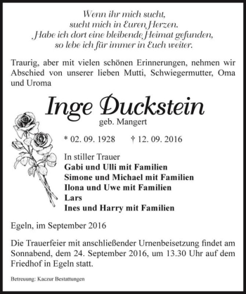 Traueranzeige von Inge Duckstein (geb. Mangert)  von Magdeburger Volksstimme
