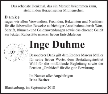 Traueranzeige von Inge Duhme  von Magdeburger Volksstimme