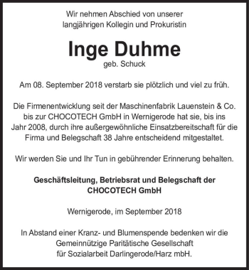 Traueranzeige von Inge Duhme (geb. Schuck)  von Magdeburger Volksstimme