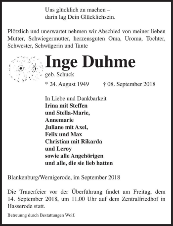 Traueranzeige von Inge Duhme (geb. Schuck)  von Magdeburger Volksstimme