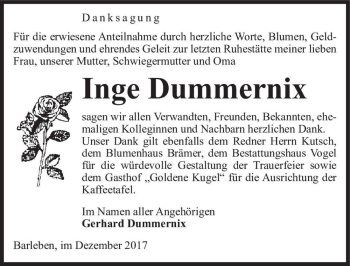 Traueranzeige von Inge Dummernix  von Magdeburger Volksstimme