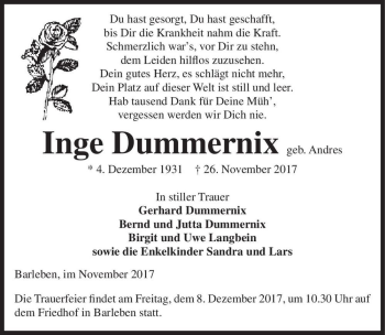 Traueranzeige von Inge Dummernix (geb. Andres)  von Magdeburger Volksstimme