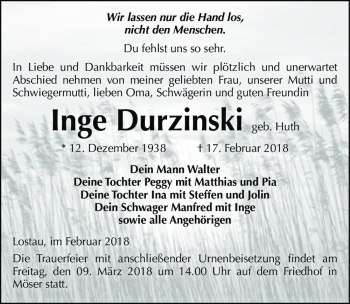 Traueranzeige von Inge Durzinski (geb. Huth)  von Magdeburger Volksstimme