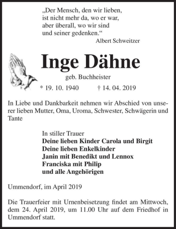 Traueranzeige von Inge Dähne (geb. Buchheister)  von Magdeburger Volksstimme