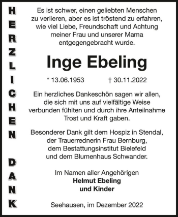 Traueranzeige von Inge Ebeling  von Magdeburger Volksstimme