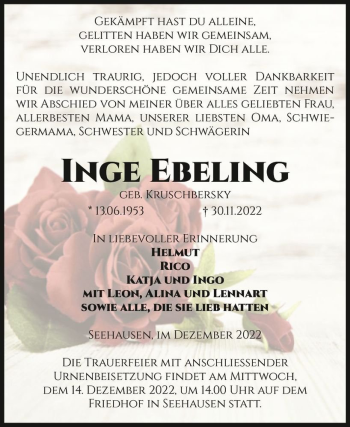Traueranzeige von Inge Ebeling (geb. Kruschbersky)  von Magdeburger Volksstimme