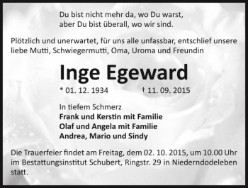 Traueranzeige von Inge Egeward  von Magdeburger Volksstimme