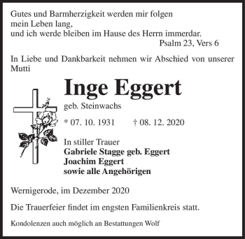 Traueranzeige von Inge Eggert (geb. Steinwachs)  von Magdeburger Volksstimme