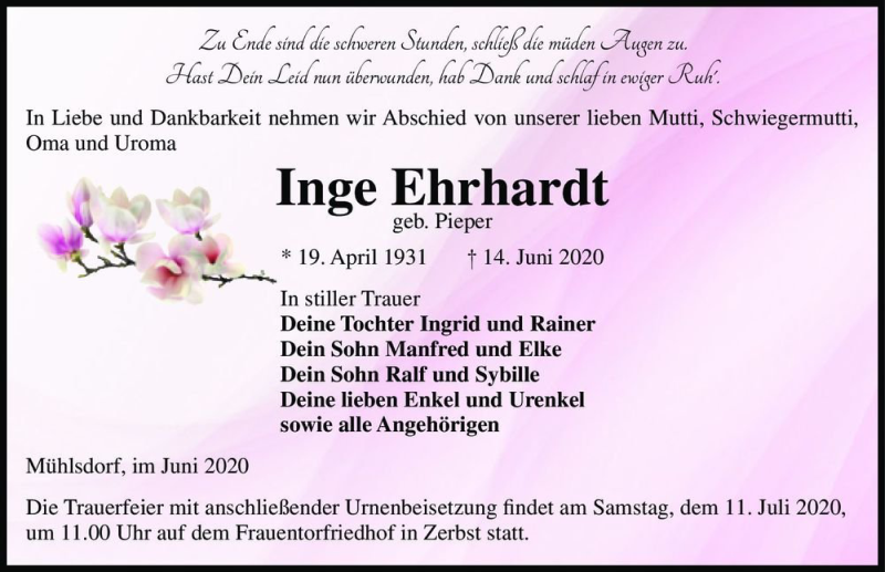  Traueranzeige für Inge Ehrhardt (geb. Pieper)  vom 27.06.2020 aus Magdeburger Volksstimme
