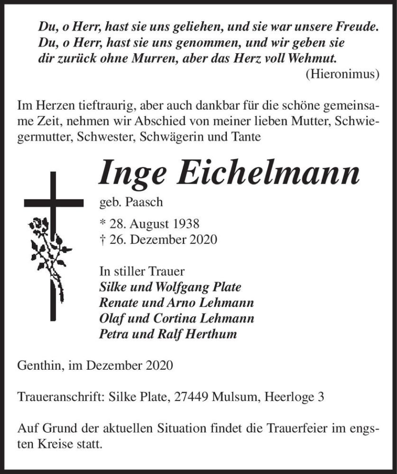  Traueranzeige für Inge Eichelmann (geb. Paasch)  vom 02.01.2021 aus Magdeburger Volksstimme