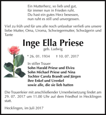 Traueranzeige von Inge Ella Priese (geb. Ludwig)  von Magdeburger Volksstimme