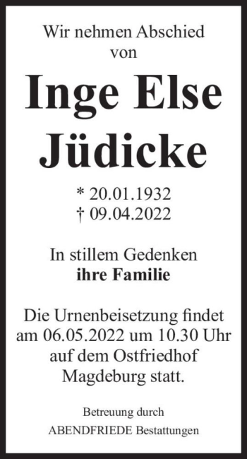 Traueranzeige von Inge Else Jüdicke  von Magdeburger Volksstimme