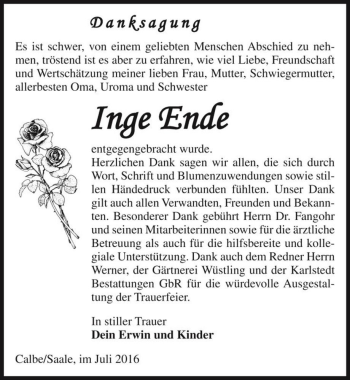 Traueranzeige von Inge Ende  von Magdeburger Volksstimme