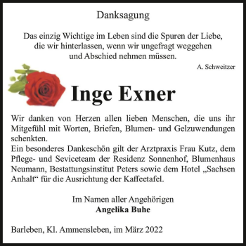 Traueranzeige von Inge Exner  von Magdeburger Volksstimme