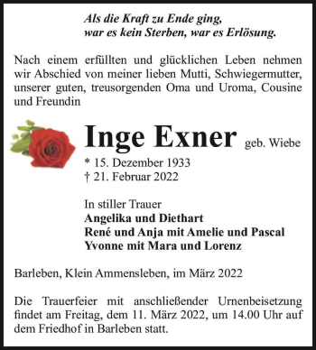 Traueranzeige von Inge Exner (geb. Wiebe)  von Magdeburger Volksstimme