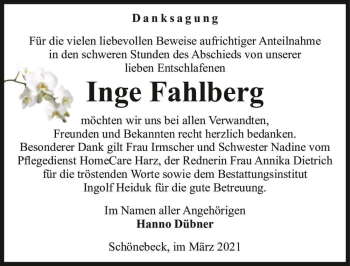 Traueranzeige von Inge Fahlberg  von Magdeburger Volksstimme