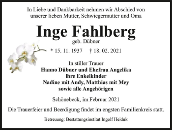 Traueranzeige von Inge Fahlberg (geb. Dübner)  von Magdeburger Volksstimme