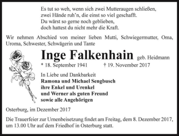Traueranzeige von Inge Falkenhain (geb. Heidmann)  von Magdeburger Volksstimme