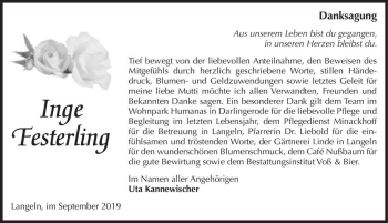 Traueranzeige von Inge Festerling  von Magdeburger Volksstimme