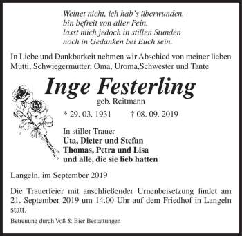 Traueranzeige von Inge Festerling (geb. Reitmann)  von Magdeburger Volksstimme