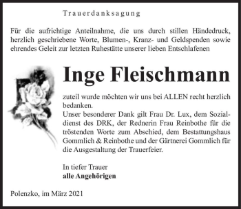 Traueranzeige von Inge Fleischmann  von Magdeburger Volksstimme