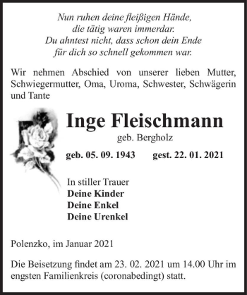 Traueranzeige von Inge Fleischmann (geb. Bergholz)  von Magdeburger Volksstimme
