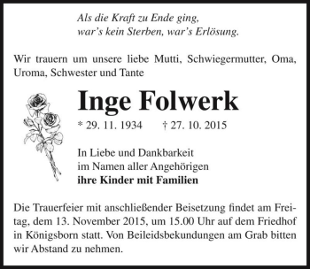 Traueranzeige von Inge Folwerk  von Magdeburger Volksstimme