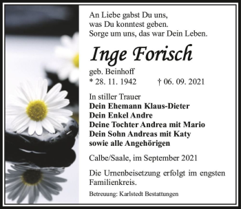 Traueranzeige von Inge Forisch (geb. Beinhoff)  von Magdeburger Volksstimme