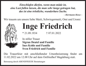 Traueranzeige von Inge Friedrich  von Magdeburger Volksstimme