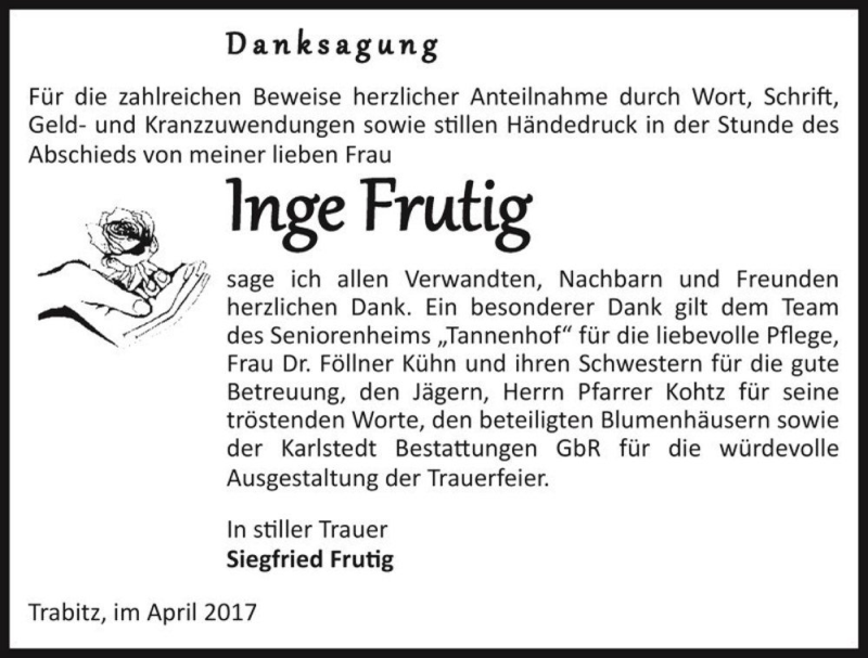  Traueranzeige für Inge Frutig  vom 01.04.2017 aus Magdeburger Volksstimme