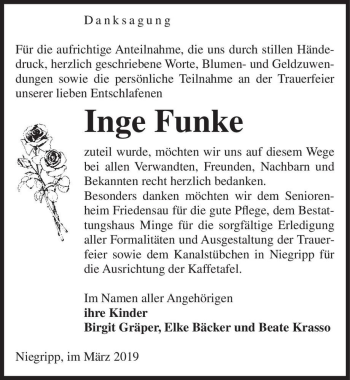 Traueranzeige von Inge Funke  von Magdeburger Volksstimme