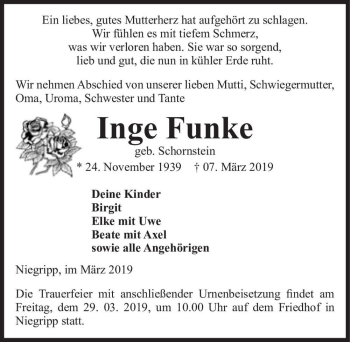 Traueranzeige von Inge Funke (geb. Schornstein)  von Magdeburger Volksstimme