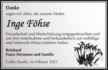 Traueranzeige von Inge Föhse  von Magdeburger Volksstimme