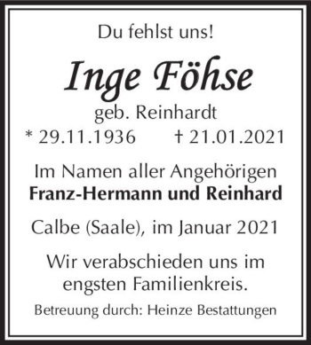 Traueranzeige von Inge Föhse (geb. Reinhardt)  von Magdeburger Volksstimme