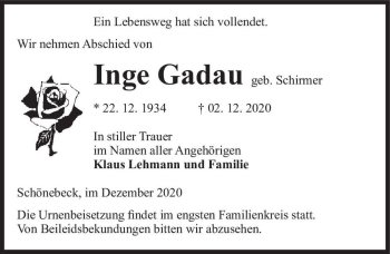 Traueranzeige von Inge Gadau (geb. Schirmer)  von Magdeburger Volksstimme