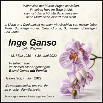 Traueranzeige von Inge Ganso (geb. Wegener)  von Magdeburger Volksstimme