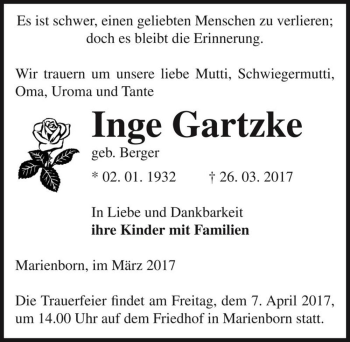 Traueranzeige von Inge Gartzke (geb. Berger)  von Magdeburger Volksstimme