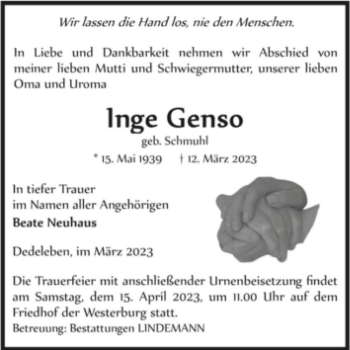 Traueranzeige von Inge Genso (geb. Schmuhl)  von Magdeburger Volksstimme